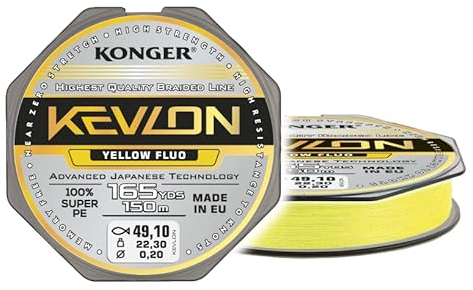 Geflochtene Schnur KONGER KEVLON Fluo Gelb 4-Fach Braided Line Angelschnur 150m 0,12-0,25mm (0,07€/m) (0,14mm/14,50kg)