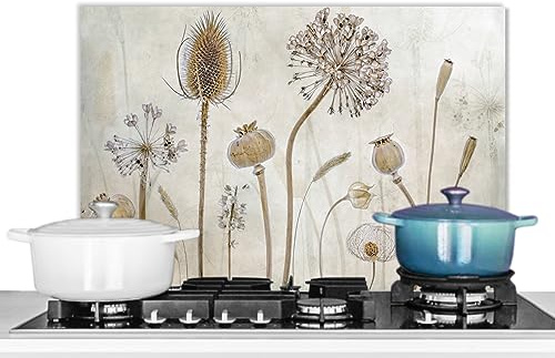 KitchenYeah© Pannello Paraschizzi Cucina Alluminio Para Schizzi per Piano | 60x40 cm - Cottura Parete Cucine Fiori - Acquerello - Natura morta - Marrone - Vintage