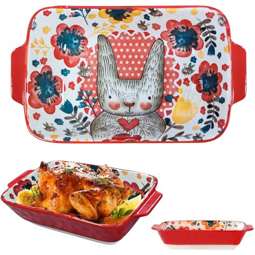 Ceramic Casserole Dish Small with 1.3 Litres in Cartoon, Rectangular Baking Mould with Handles, Ceramic Oven Dish, Baking Mould for Lasagne, Soufflé, Creme Brulee, Tiramisu & Pudding, Long-Eared