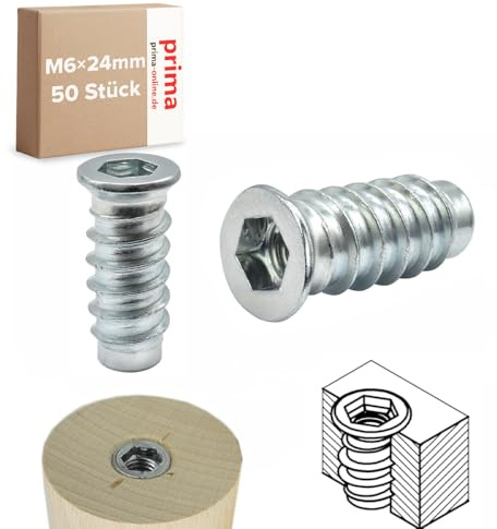 Einschraubmutter M6 x 24 mm – Einschraubmuffen/Eindrehmuffen aus verzinktem Stahl – Innengewinde für Holzbau & Möbelbau (50 Stück)