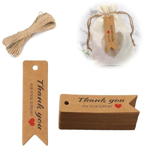 100 Pezzi Etichette Regalo Grazie Kraft Wedding Tag 7 x 2 cm con Corda di Iuta Hang Tag Etichetta Mercato delle Pulci, Imballaggio Matrimonio Decorazione fai da te
