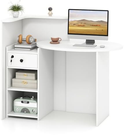 COSTWAY Reception Desk, Front Counter Desk with Lockable Drawer and Adjustable Shelf, Corner Cashier Retail Checkout Table Computer Desk for Beauty Salon Lobby (White, Right Tabletop)