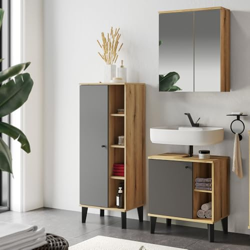 Lomadox Badmöbel-Set 3-teilig mit Waschbeckenunterschrank 60 cm, Spiegelschrank, in Eiche mit Grau, modern