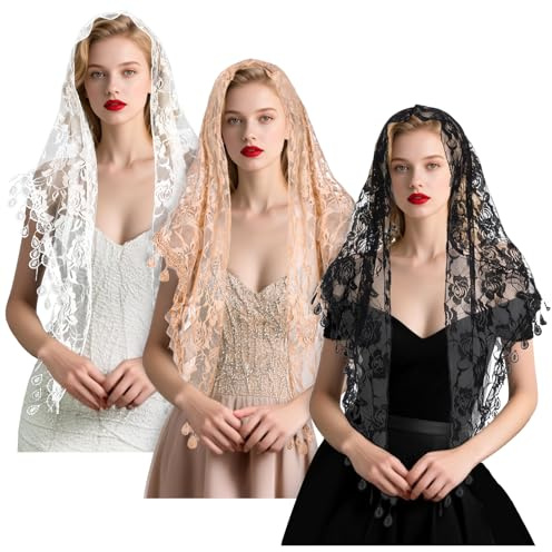 3 velos de capilla católica, velo triangular, cubierta de cabeza de catedral, triángulo de encaje, bufanda de tul para mujeres y niñas, diadema de iglesia, velos de misa latina para boda y dama de