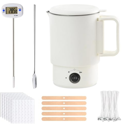 Wachsschmelzer für die Kerzenherstellung Wachsschmelzer für Kerzen Selber Machen Set, Wachsschmelztopf mit Ausguss, Kerze Machen Gießtopf Candle Melting Pot mit Kerzendochte Docht Aufkleber Rührlöffel
