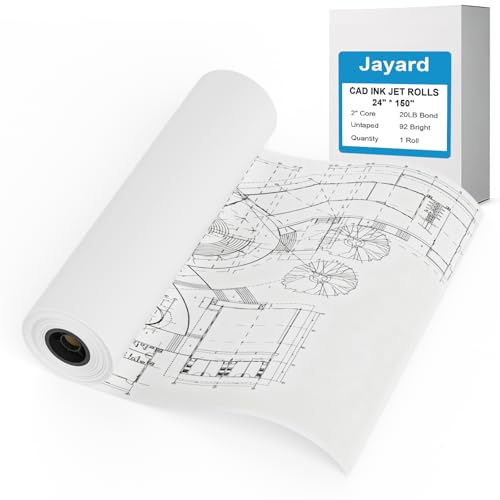 Wide Format Paper Rolls 24 x 150'，Plotter Paper for CAD Printing on Wide Format Ink Jet Printers，1 CAD Bond Rolls with 2 in Core