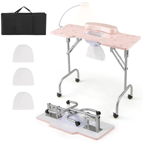 COSTWAY Tavolo per Manicure Pieghevole con Aspiratore Elettrico, Tavolo per Unghie Portatile con Luce LED, Cuscino Poggia Polso Clienti, Borsa e 4 Ruote Bloccabili (Rosa)