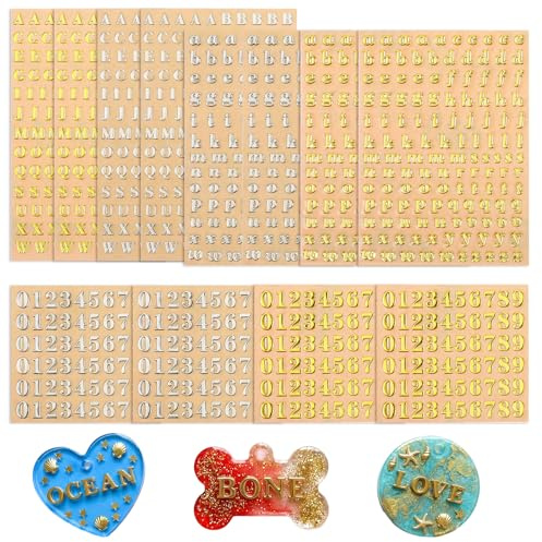 XLIUAX 12 Blätter 3D Kleine Buchstaben Aufkleber, Goldene Glitzer Selbstklebende Legierung Alphabet Zahl Aufkleber Mini Buchstabenaufkleber für Harz Scrapbooking DIYBastelarbeiten (1200 Stück)