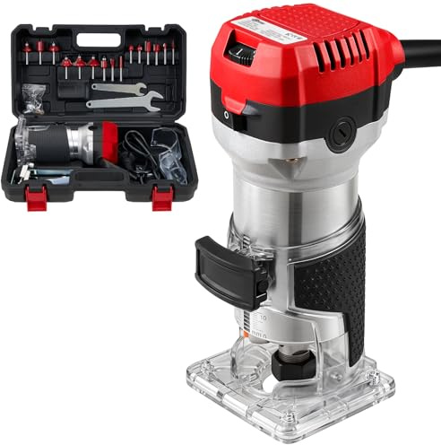 Palm Router Tool 800W, 33000R/MIN Electric Wood Router with Transparent Base & 15Pcs 1/4(6.35mm) Router Bits Set, Variable 6 Speeds Wood Trim Router, Woodworking Tools for Handwork and DIY, Red