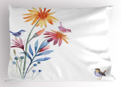 Ambesonne Watercolor Pillow Sham, Springtime Flowers with Birds Unusual Color Scheme Brush Effect, Decorative Standard Size Printed Pillowcase, 26 X 20, Blue