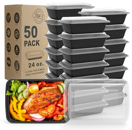 WGCC Meal Prep Containers, 50 Pack Extra-thick Food Storage Containers with Lids, Disposable & Reusable Plastic Bento Lunch Box, BPA Free, Stackable, Microwave/Dishwasher/Freezer Safe (24 oz)
