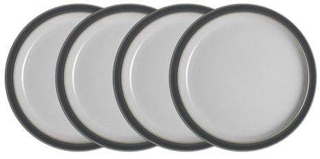 Denby - Elements Fossil Grey Dinner Plates Set of 4 - Dishwasher Microwave Safe Crockery 26.5cm - Dark Grey, White Ceramic Stoneware Tableware - Chip & Crack Resistant Large Plates