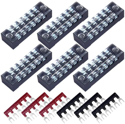CEEYSEE Schraubklemmenleiste, 6 Stück 6 Positionen zweireihig abgedeckte Schraubklemme 600V 15A + 6 Stück 6 Positionen vorisoliert schwarz/rot Gabelklemmleiste 400V 15A (DTB1506)