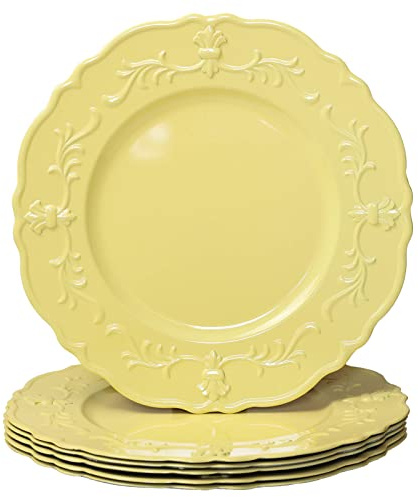 Spsyrine Light Yellow Charger Plate, 13 Embossed Plastic Table Plate Chargers for Dinner, Set of 6 Elegant Decorations for Wedding, Dining, Party Events.