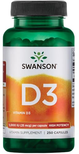 Swanson, Vitamine D3, 25mcg (1.000 IU), 250 Capsules, Hautement Dosé, Sans Soja, Sans Gluten, Sans OGM