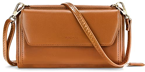 nuoku Geldbörse Damen mit RFID, Kleine Portemonnaie Damen mit Kreditkarten Etuis, Handytasche zum Umhängen mit Reißverschluss um 2 Riemen (Braun)