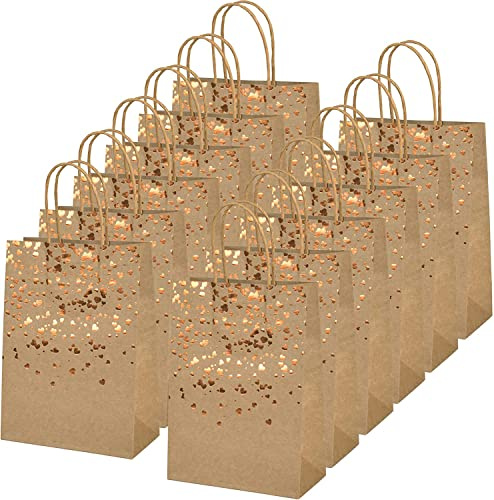 12 Stück Kraftpapiertüten mit Griff, Tasche aus Lebensmittelpapier, Bronzierung, Tasche aus recycelbarem Papier, für Geburtstag, Hochzeit, Party