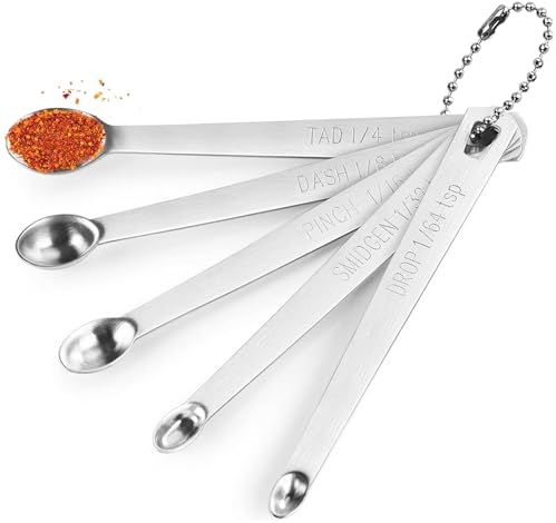5 Stück Mini-Messlöffel Set, Edelstahl kleine Messlöffel Tad 1/4 tsp, Dash 1/8 tsp, Pinch 1/16 tsp, Smidgen 1/32 tsp, Drop 1/64 tsp für Zuhause Küche Backen Kochen Geschenke