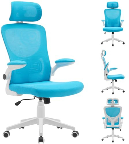 BAKAJI Sedia da Scrivania Ergonomica in Tessuto Traspirante e Antisudore, Schienale con Supporto Lombare e Poggiatesta, Poltrona da Studio Ufficio Altezza Regolabile a Gas 116-126 cm (Azzurro)