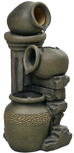 Outsunny Fontaine de Jardin d'ornement Zen 3 jarres débit réglable Pompe à Eau Submersible Incluse dim. 36,5L x 32l x 73H cm résine Gris