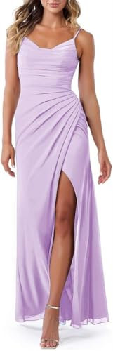 HPPEE Brautjungfernkleid mit Spaghettiträgern und Wasserfallausschnitt, für Damen, mit Schlitz, plissiert, Chiffon, langes formelles Abendkleid, Flieder, 38