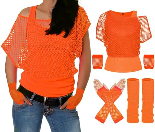 ELFIN 80er 90er Jahre Outfit Damen, Netzshirt, Tank top, Beinwärmer, Netzhandschuhe, 80er Jahre Netzoberteil Damen Tops Neon Shirt, 80er Kostüm Aerobic Kleidung Mottoparty Accessoires Party Karneval