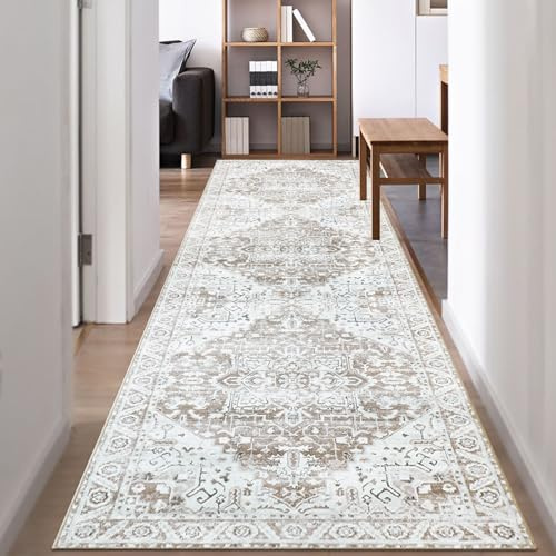 Famibay Teppich Läufer 80X300 rutschfest Küchenteppich Waschbar Beige Braun Teppichläufer Flur Vintage Flurteppich Läufer Lang für Flur Küche Schlafzimmer Wohnzimmer