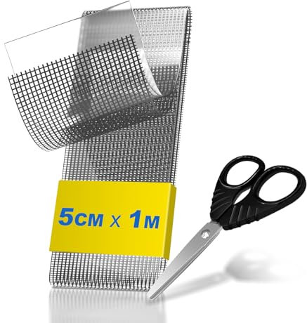 teeppo Fliegengitter Reparatur Klebeband Set 1m - Insektenschutz Fliegengitter Reparatur Set - Stark Selbstklebend Glasfaser - Verhindern Moskitos Insekten - Inklusive Schere - Grau (1m x 5 cm)
