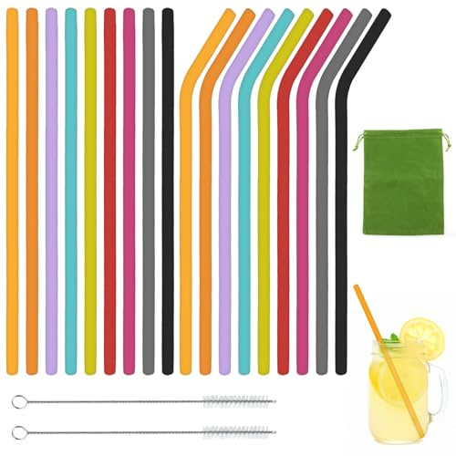 BORISCA 18 Piezas Pajitas Reutilizables Silicona con Cepillo de Limpieza Pequeñas Cañitas Reutilizables de Colores para Niños Adultos Reusable Drinking Straws para Café Copas Fiestas