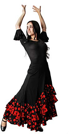 Costumizate! Jupe de flamenco avec trois volants et pois pour femme adulte, tailles: S/M/L/XL/XXL, noir/rouge, L