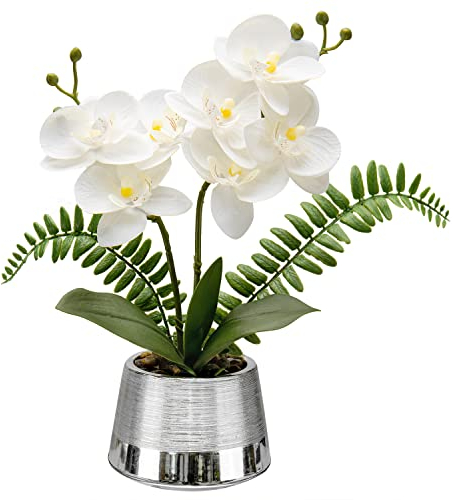 Oairse Artificial Orchid Flowers White Artificial Flower in Silver Ceramic Pots Real Touch Silk Phalaenopsis Faux Orchids Plant for Home Office Kitchen Bathroom Bedroom Table Decoration, 31CM