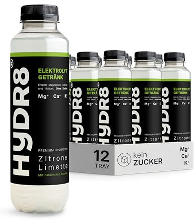 HYDR8 Elektrolytgetränk ohne Zucker Zitrone-Limette - 12 Flaschen | 5 Elektrolyte inkl. Magnesium | Zero Getränk | Erfrischend für Party, Sport, Festival, Hitze