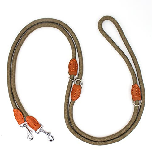 Hundeleine für Große & Mittelgroße Hunde 3m Doppelleine Verstellbar Führleine mit 2 Karabiner Umhängeleine Multifunktional Nylon Dog Lead 3 Meter lang x 14 mm Graugrün