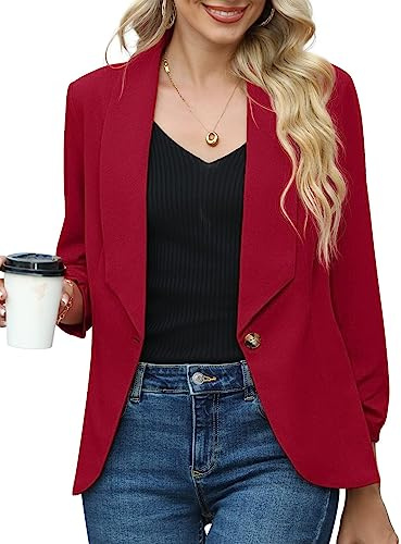 PrinStory Blazer da donna aperto sul davanti, cardigan a 3/4 con maniche increspate, casual, da lavoro, ufficio, giacca blazer da donna, Rosso, 10-12