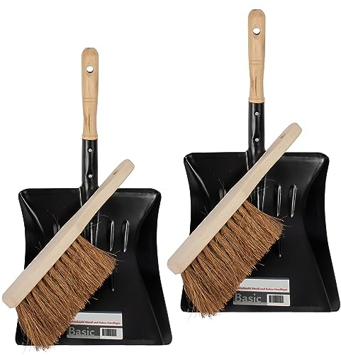 Metall Kehrblech und Handfeger Kokus im SET Kehrschaufel Hand Besen Feger Holz Griff Kehr Schaufel Kehrset Kehrgarnitur (2x Schwarz)