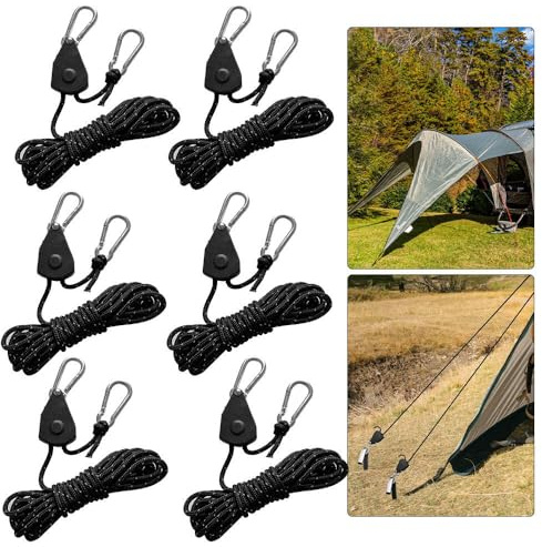 ZOYDP 6 Stück Abspannseile Camping mit Ratsche, 16.4ft/5m, 4mm Abspannseile Reflektierend mit Seilspanner, Einstellbare Seilratsche mit Haken, Zeltschnur mit Spanner für Zelt Zeltplane Camping