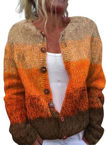 YIzdegg Women's Cardigan, Colourful Striped, Wool Blend, Soft Women's Cardigan, Classic with Buttons, Winter Cardigan, Chunky Knit Jumper, Long Sleeves, Plush Casual Jumper Sweater E, yellow, S