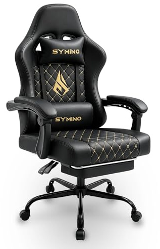 Symino Chaise de Gamer Ergonomique, Chaise Gaming avec Soutien Lombaire Repose-Pieds, Fauteuil de Bureau réglable et pivotant capacité de Charge 150 kg, Cuir PU Noir