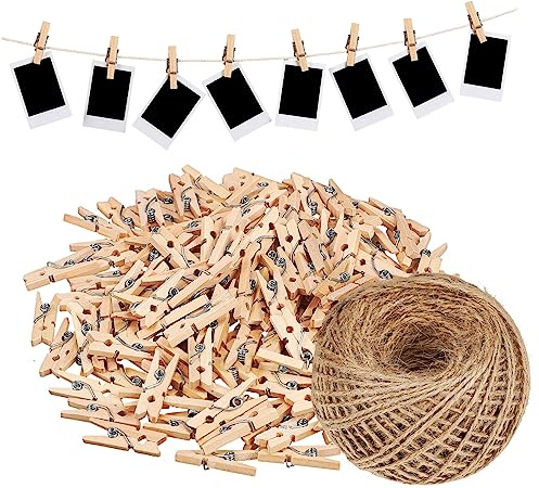 SOLUSTRE Cuerda De Yute Retorcida 100m x 1,5mm Con Clips De Madera 150 Unidades, Material Natural Resistente, Para Manualidades, Embalaje, Jardinería y Decoración, Set Completo
