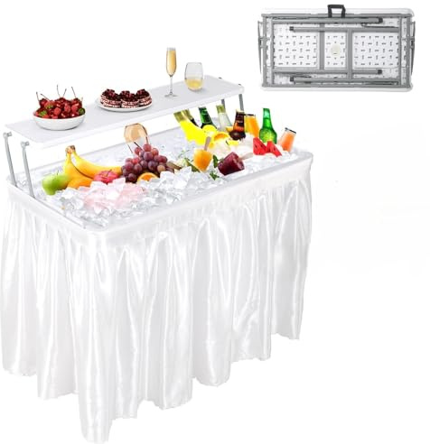 Thaookte Mesa plegable de 40.5 pulgadas con drenaje, mesa de hielo de dos niveles con falda extraíble y estante de almacenamiento adicional, mesas enfriadoras plegables al aire libre para eventos