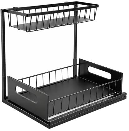 Organizador Bajo Fregadero Cocina 2 Niveles Metal, Estantería Estraíble en Forma de L, Mueble Organizador para Cocina Baño, 36 x 27 x 28 cm