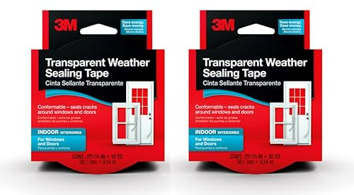 3M Interior Transparent Weather Sealing Tape, 1.5 x 10 Yards (2 Pack), Moisture-Resistant Insulating Tape for Interior Windows & Doors – Seals Drafts, Reduces Energy Loss, No-Residue Removal