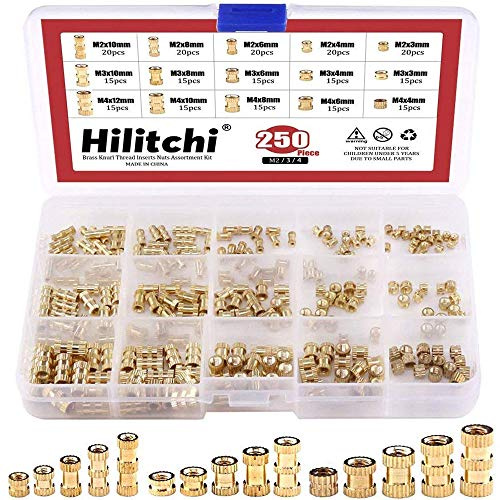 Hilitchi 250-pcs M2/M3/M4 Filetage femelle laiton moleté Insert fileté Embedment Écrous Assortiment kit