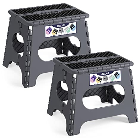 Delxo 11 Folding Step Stool for Kids and Adults,2Packs Non-Slip Foldable Step Stools with Handle,Plastic Portable Folding Stool for Bathroom,Bedroom,Kitchen,Hold up to 300lbs Grey