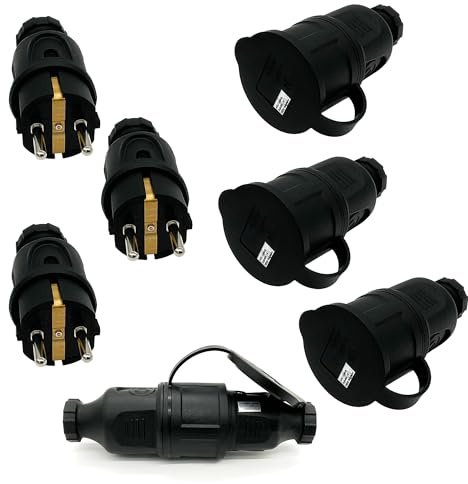 ARLI 2x Schutzkontaktstecker 16A + 2 Schutzkontaktkupplung 16A mit Deckel | IP44 Spritzwassergeschütztes Set schraubbar für Kabel bis 2,5mm²