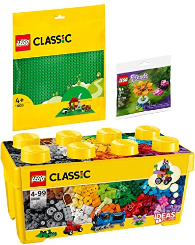 Lego Classic 3er Set: 10696 Lego Mittelgroße Bausteine-Box, 11023 Grüne Bauplatte & 30417 Gartenblume und Schmetterling Polybag