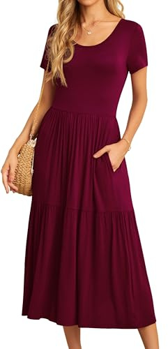 GRECERELLE Womens Summer Maxi Dress Casual Short Sleeve Crew Neck Swing Flowy Tiered Party Dresses with Pockets for Weddings, Holidays (Wine Red, M)