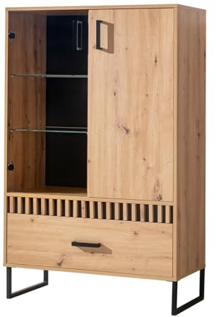 MINIO go for it - Vitrine mit Schublade Melle, 60x142x40 cm, 2 Türen und 4 Einlegeböden, Metallfüße, Metallgriffe, Dekorpaneel - Artisan Eiche/Schwarz Matt, ohne LED-Beleuchtung