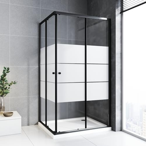 Duschkabine 75x90 Eckeinstieg Schiebetür,Schwarz Doppel Schiebetür Duschabtrennung 6mm ESG Glas Duschwand Dusche mit Gestreift,Höhe 185 cm