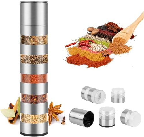 camping gewürze set 5 in 1 gewürzbehälter camping gadgets, Edelstahl camping gewürzstreuer & Organizer, Mini Gewürzdosen Set mit Handmühle, Reise Gewürzset für Zuhause, Picknick, BBQ